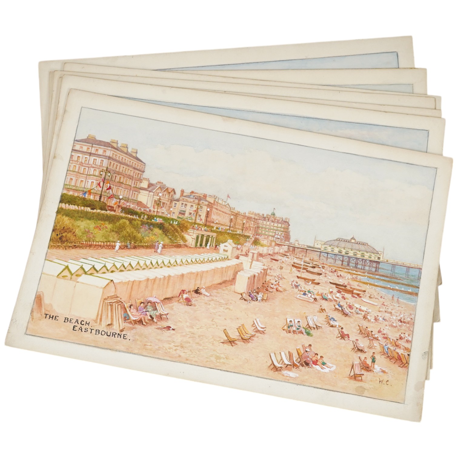William Affleck, (Aka Carruthers, 1868-1943), a set of seven original watercolours for postcard designs, Eastbourne scenes to include, ‘The Band Enclosure’, ‘The Wish Tower’, ‘Beachy Head’ and ‘The Beach’, each initialle